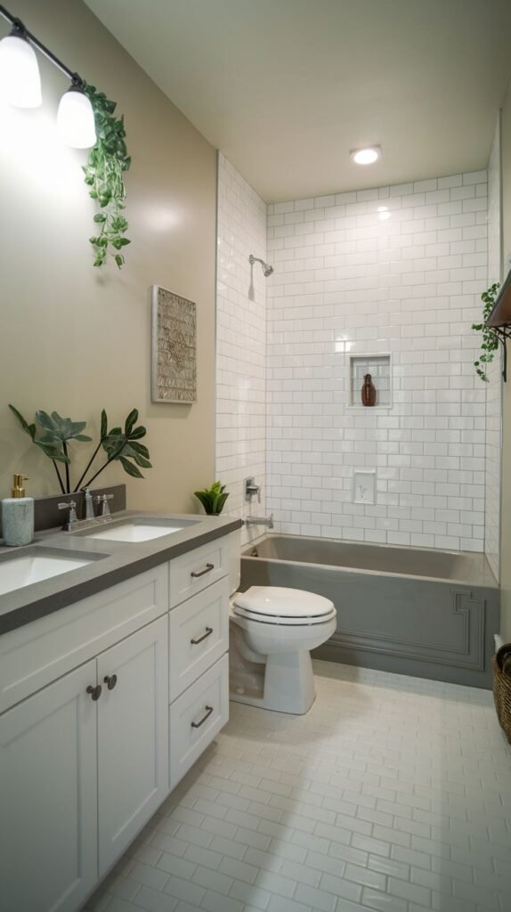 Neutral Small Full Bathroom contrasting a gray-paneled bathtub exterior with white subway tile walls and a white double vanity with a dark gray countertop.