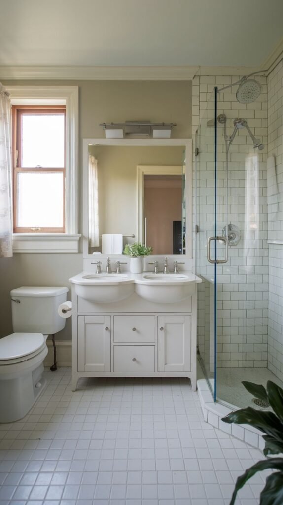 Neutral Small Full Bathroom with a white double vanity, dual vessel sinks, white square floor tiles, and a walk-in shower enclosed by clear glass and white subway tile.