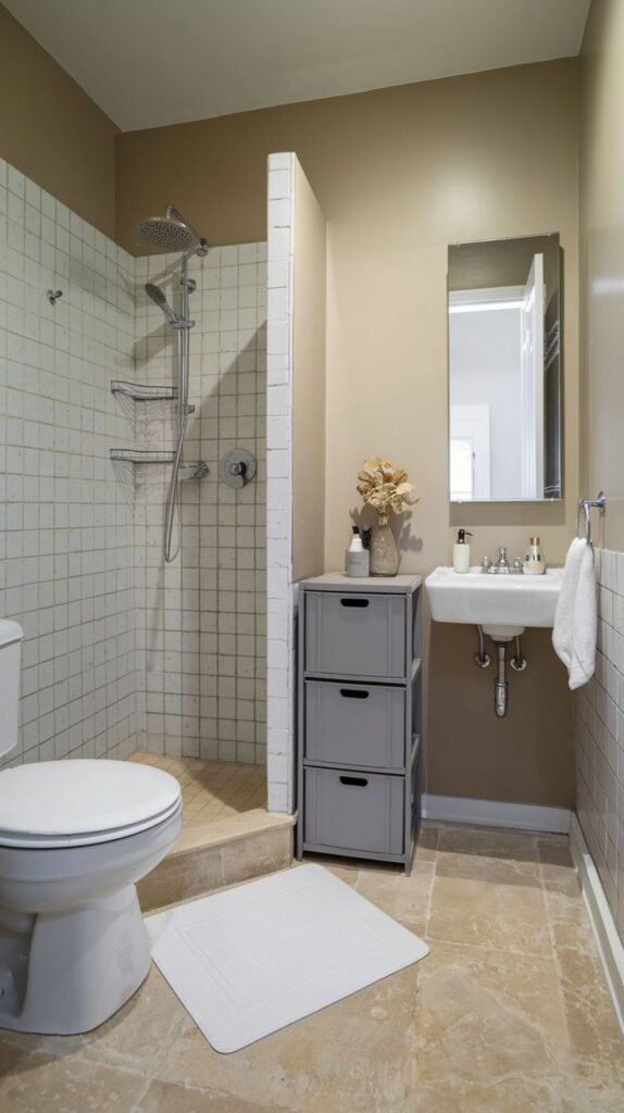 Neutral Small Full Bathroom featuring a walk-in shower defined by a short pony wall, light stone floor tiles, a wall-mounted sink, and a freestanding gray three-drawer storage tower.