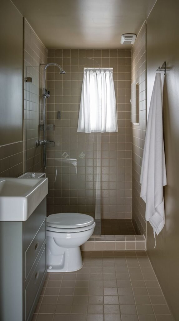 Neutral Small Full Bathroom in a narrow layout, uniformly tiled in medium brown square tiles, featuring a walk-in shower and a sink above a slim four-drawer cabinet.