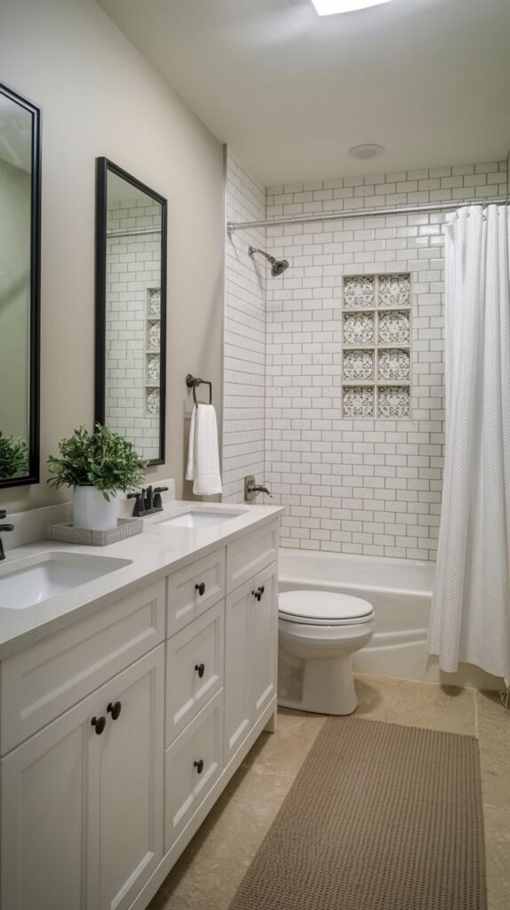 Neutral Small Full Bathroom featuring a white double vanity, white subway tile around the tub, and a decorative recessed glass block window for light diffusion.