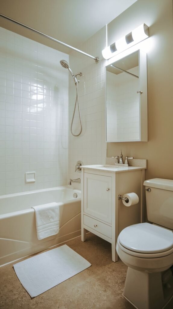 Neutral Small Full Bathroom with a compact freestanding white vanity, white square wall tile surrounding the bathtub, and light beige speckled floor tiles.