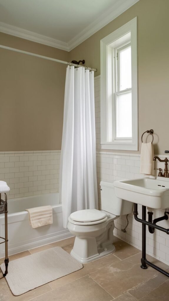 Neutral Small Full Bathroom combining taupe walls and subway tile wainscoting, featuring a traditional toilet and a basin sink supported by exposed industrial black pipework.