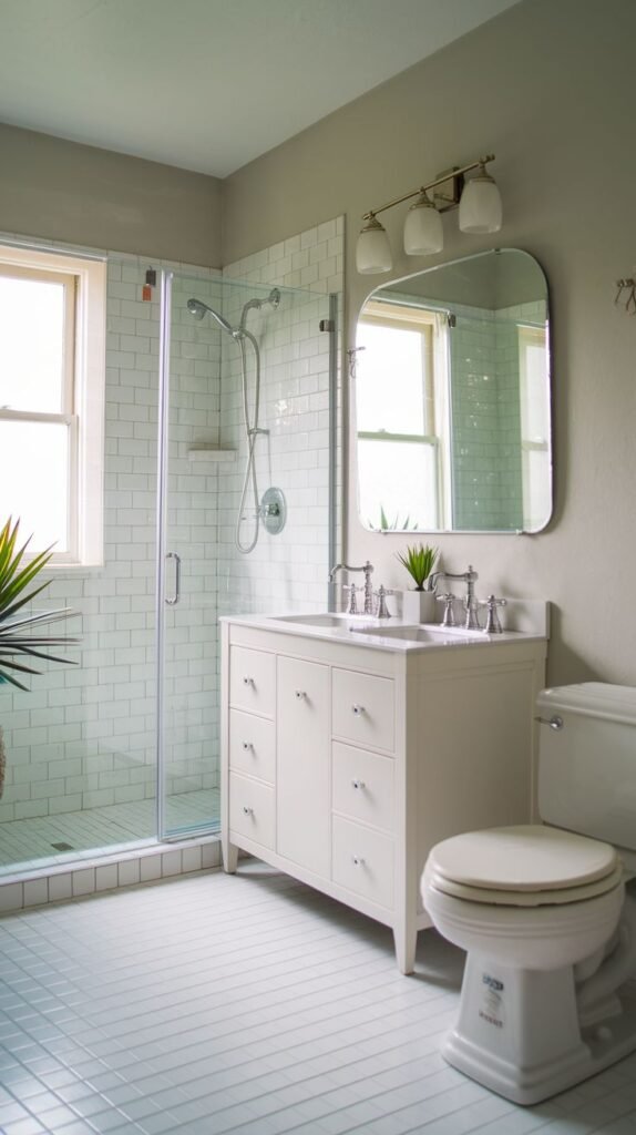 Neutral Small Full Bathroom with a bright white double vanity, a glass shower enclosure tiled in white subway tile, and light rectangular white floor tiles.