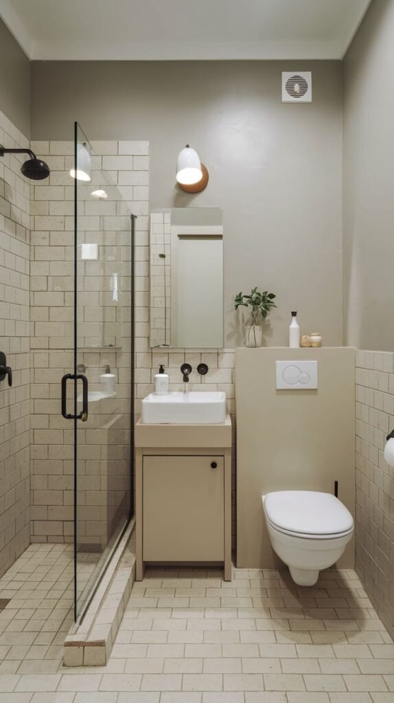 Neutral Small Full Bathroom featuring a walk-in shower, a small sink cabinet, and a modern wall-mounted toilet system concealed within a tiled neutral box structure.