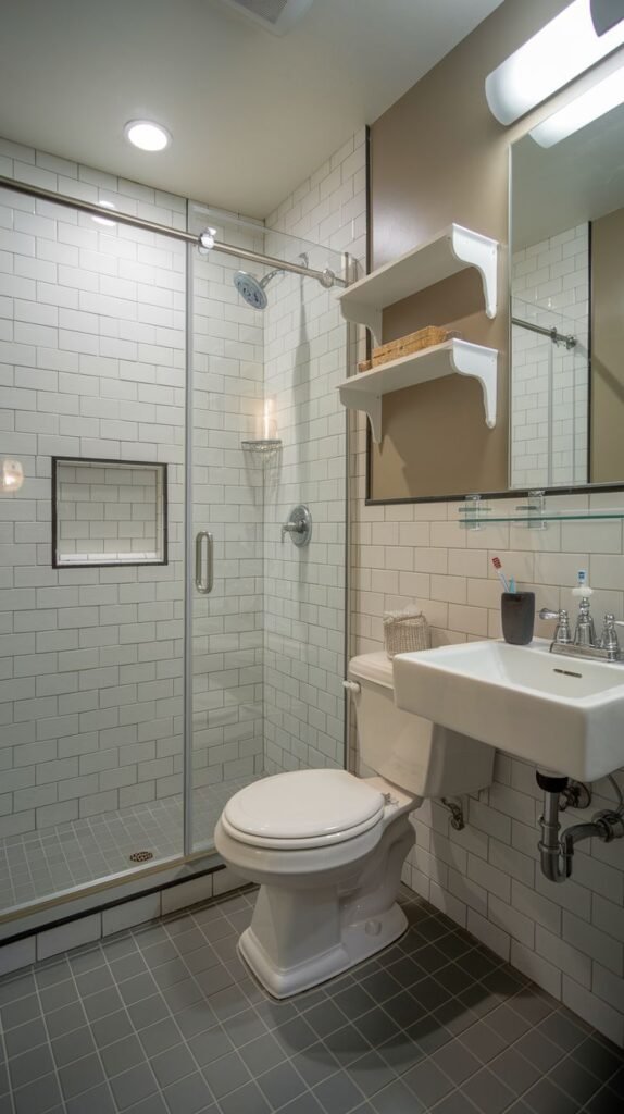 Neutral Small Full Bathroom featuring a dark gray square floor, white subway tile walls, a wall-mounted sink, and two white floating shelves positioned above the toilet.