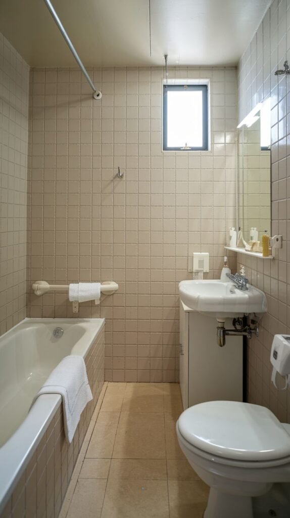 Neutral Small Full Bathroom designed with uniform light beige square tiles covering the walls and floor, featuring a bathtub/shower combination and a compact sink cabinet.