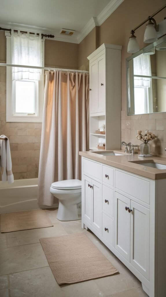 Neutral Small Full Bathroom showing a white vanity with a cream countertop, a separate tall white storage cabinet, neutral tan wall tiles surrounding the tub, and matching beige floor mats.