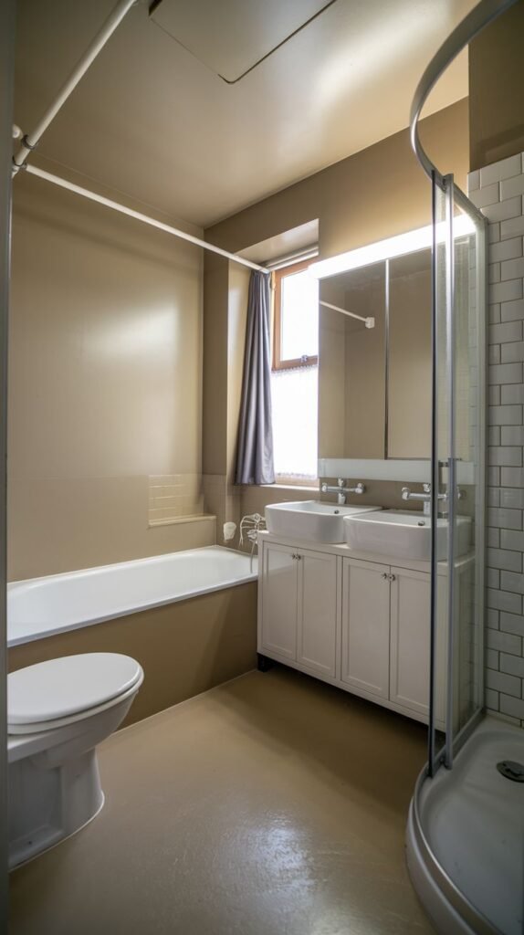 Neutral Small Full Bathroom accommodating both a white bathtub and a separate curved glass walk-in shower, alongside a double sink vanity against taupe walls.