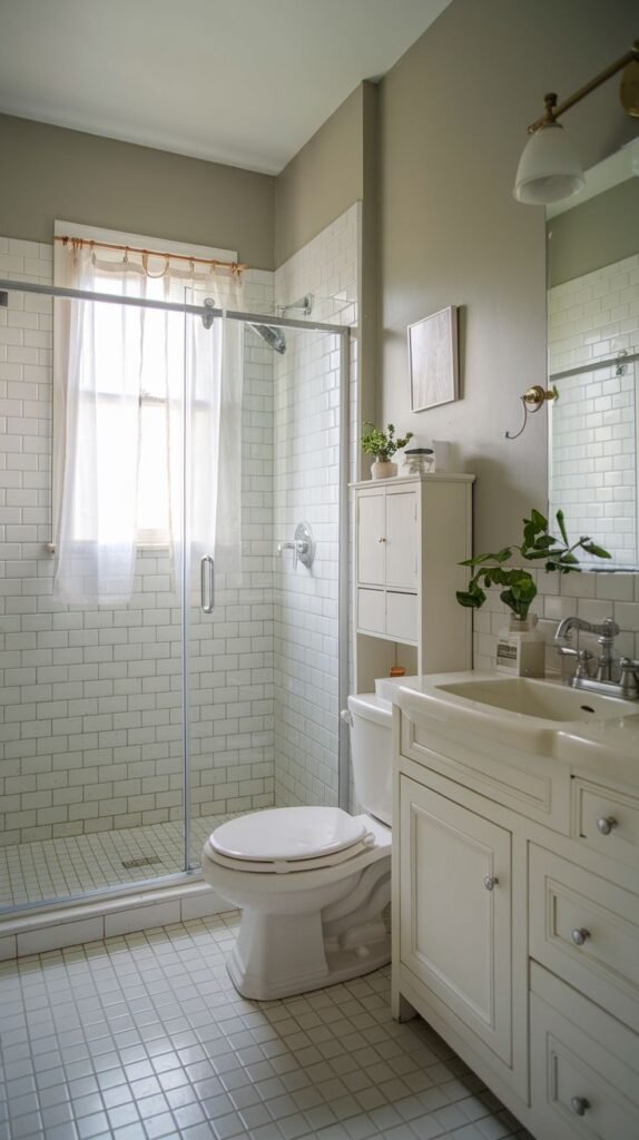 Neutral Small Full Bathroom featuring a white subway tiled walk-in shower, a traditional white vanity, and a tall narrow white linen cabinet placed behind the toilet.