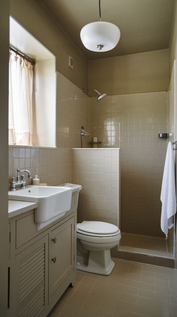 Neutral Small Full Bathroom utilizing extensive khaki/taupe square tile, featuring a custom louvered vanity and a toilet partially screened by a short tiled pony wall.