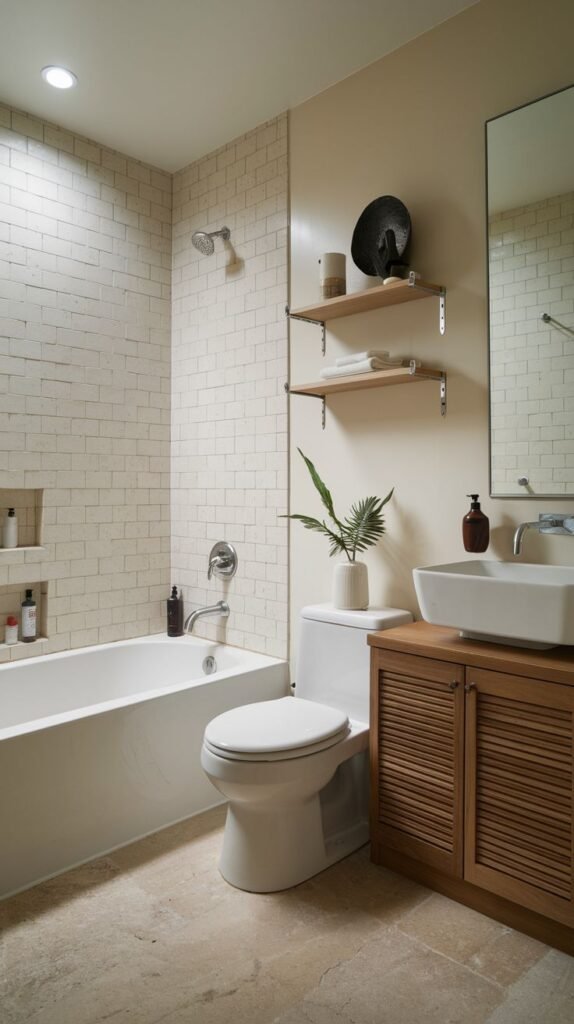 Neutral Small Full Bathroom with a warm wooden vanity, white vessel sink, neutral stone floor, and open shelving mounted above the toilet.