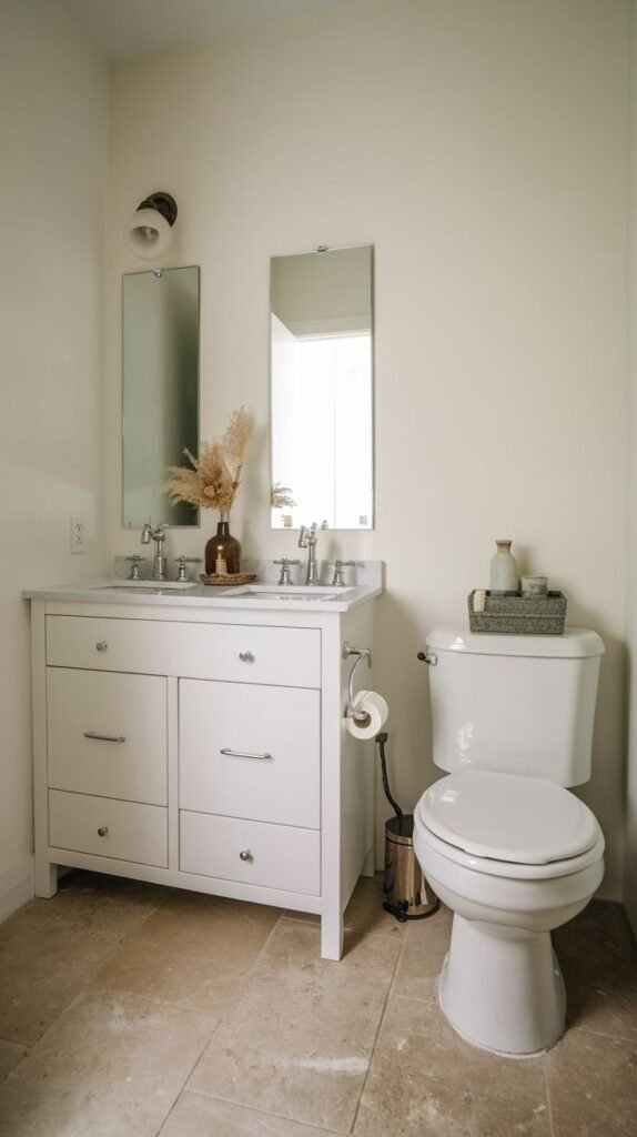 Neutral Small Full Bathroom featuring a white vanity with extensive storage drawers, clean white walls, and large format, light beige stone floor tiles.