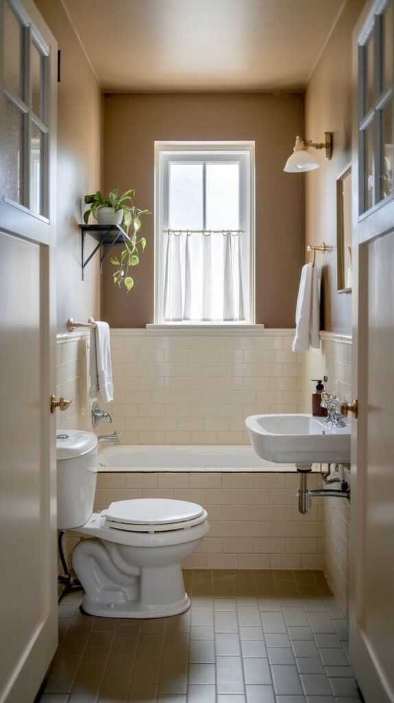 Neutral Small Full Bathroom in a narrow, corridor layout featuring brown upper walls, white subway tile wainscoting, a compact wall-mounted sink, and a window above the tub.