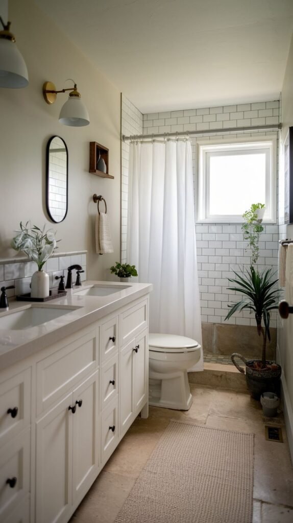 Neutral Small Full Bathroom utilizing a white double vanity, light stone flooring, white subway tile shower surround, and a narrow oval mirror.