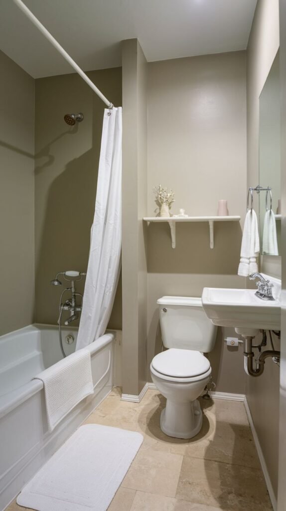 Neutral Small Full Bathroom featuring monochromatic taupe walls, a white tub with curtain, a compact wall-mounted sink, and a white floating shelf positioned above the toilet.