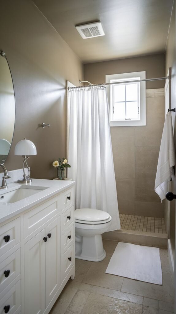 Neutral Small Full Bathroom with deep neutral brown walls contrasting with a large white vanity, featuring an adjacent shower stall tiled in light beige/tan square tiles.