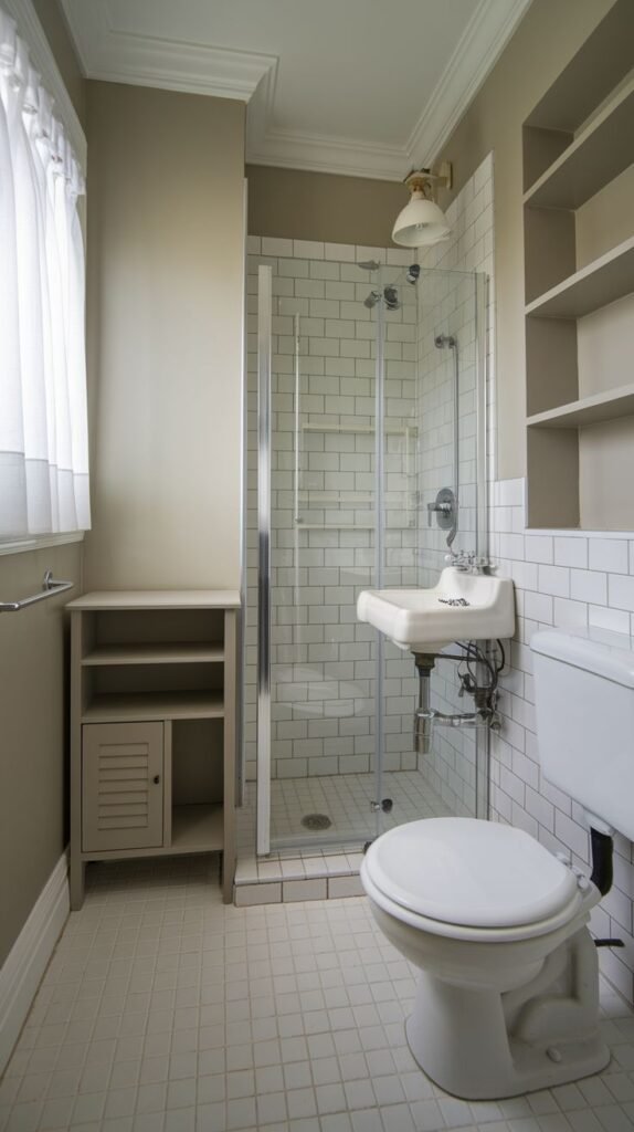 Neutral Small Full Bathroom maximizing storage with built-in open shelves, a separate slatted cabinet, white subway tile walk-in shower, and white square floor tiles.