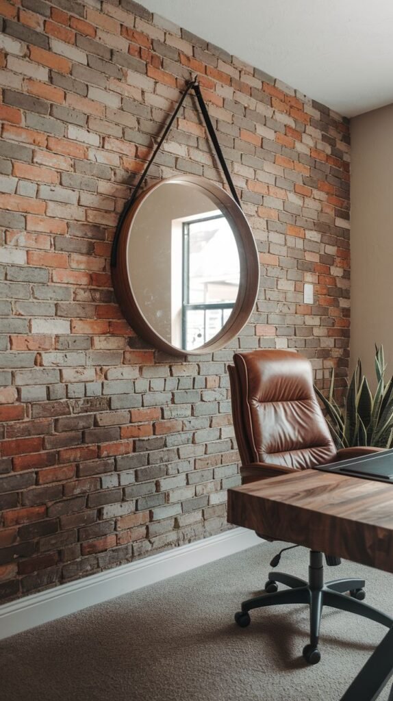 Rustic exposed brick wall in various red and gray tones with a round wooden-framed mirror hanging by a black strap, positioned over a brown leather office chair and a wood desk.