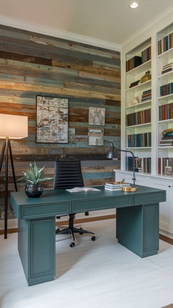 Office with a dark green desk facing a rustic accent wall made of horizontal reclaimed wood planks featuring natural wood tones mixed with blue and green distress marks, flanked by a tall white bookcase.