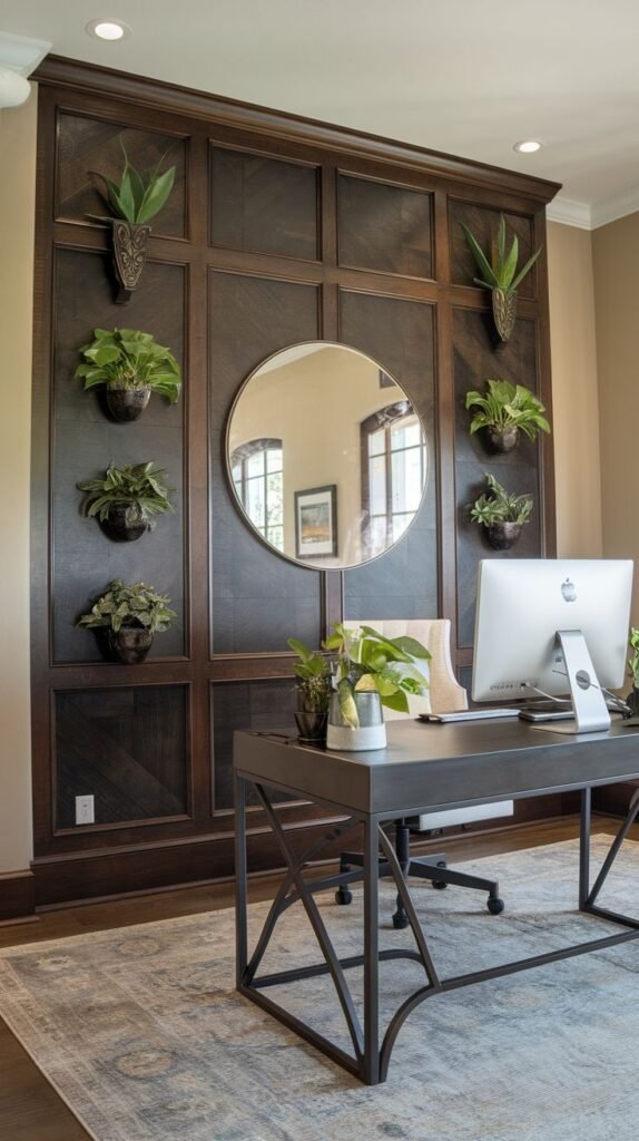 Dark, structured wooden panel wall arranged in a rectangular grid pattern, accented by a central round mirror and six vertical planters holding green plants.