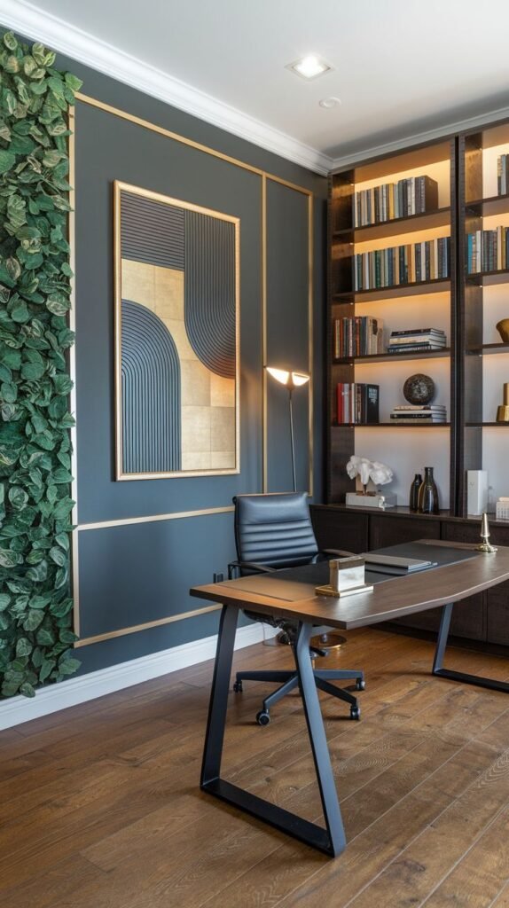 Formal office wall painted dark gray or navy, featuring classic applied molding trim painted gold, and a vertical strip of faux green foliage serving as a living wall element on the left.
