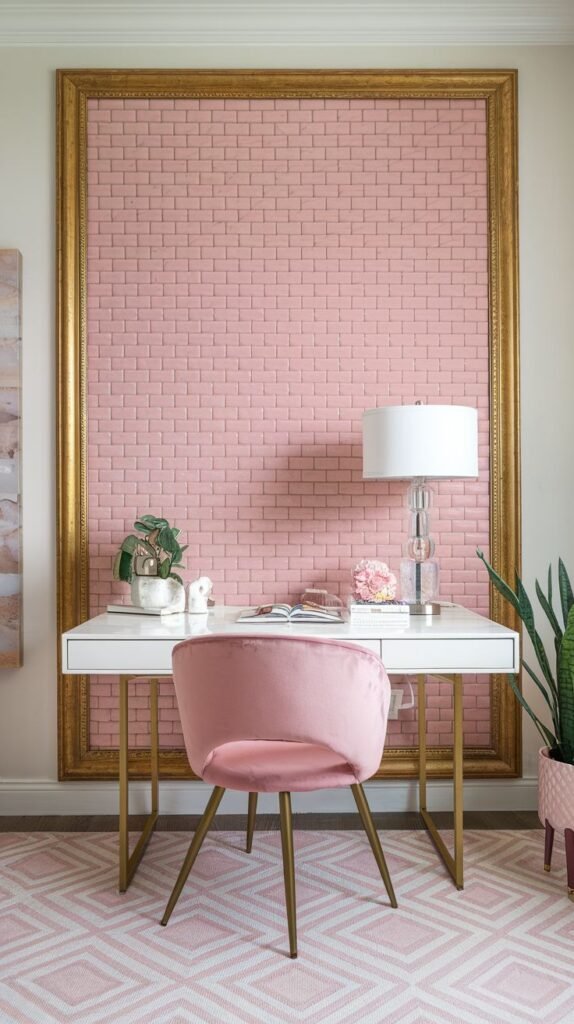 A white desk and pink velvet chair are positioned in front of a rectangular wall panel covered in pink subway tiles, which is dramatically bordered by a massive ornate gold frame.