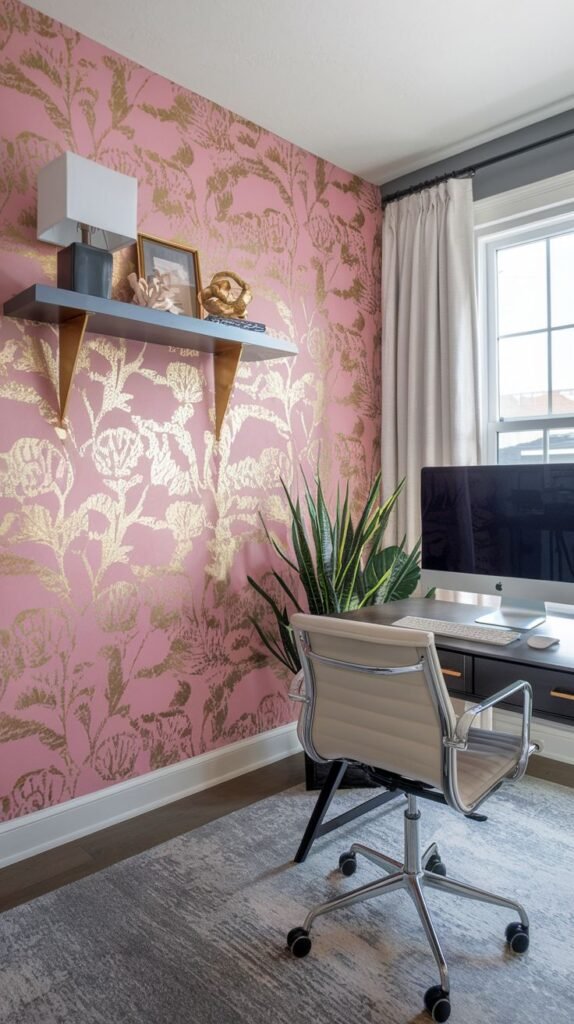 Pink accent wall covered in opulent wallpaper featuring large, repeating metallic gold floral and leaf patterns, accented by a floating shelf.