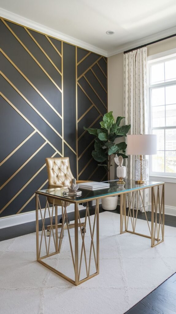 High-contrast accent wall painted black/dark gray, overlaid with thin, bright gold linear trim pieces creating a bold, interlocking, irregular diagonal geometric pattern.