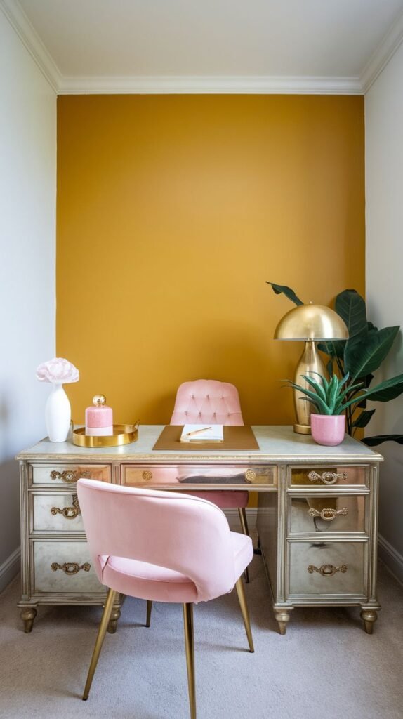 Desk nook featuring a simple but bold accent wall painted a solid, warm mustard yellow color, paired with a vintage desk and pink velvet chairs.