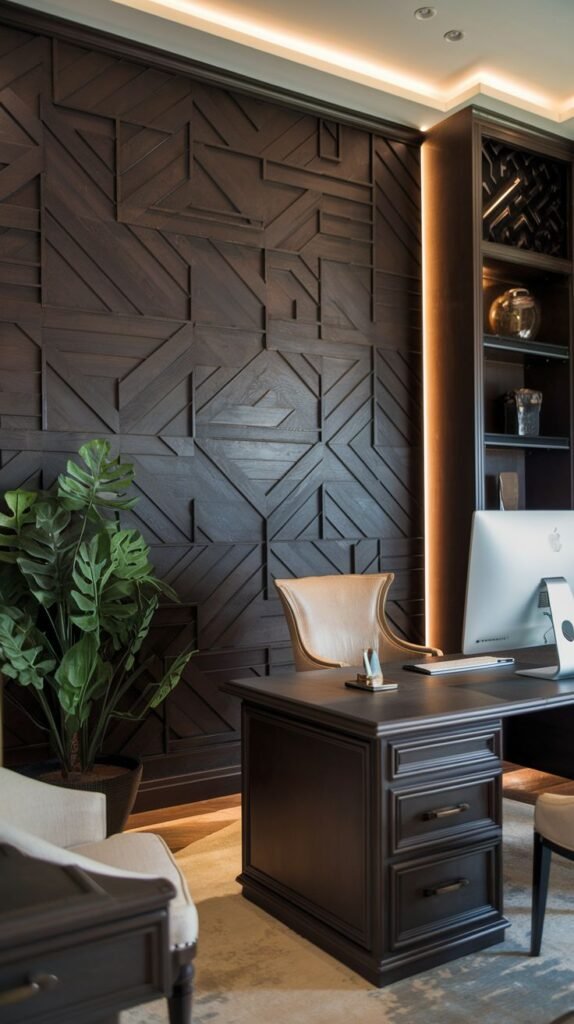 Dark wood accent wall featuring a carved geometric pattern of interlocking angular lines and shapes, situated next to dark built-in shelving.