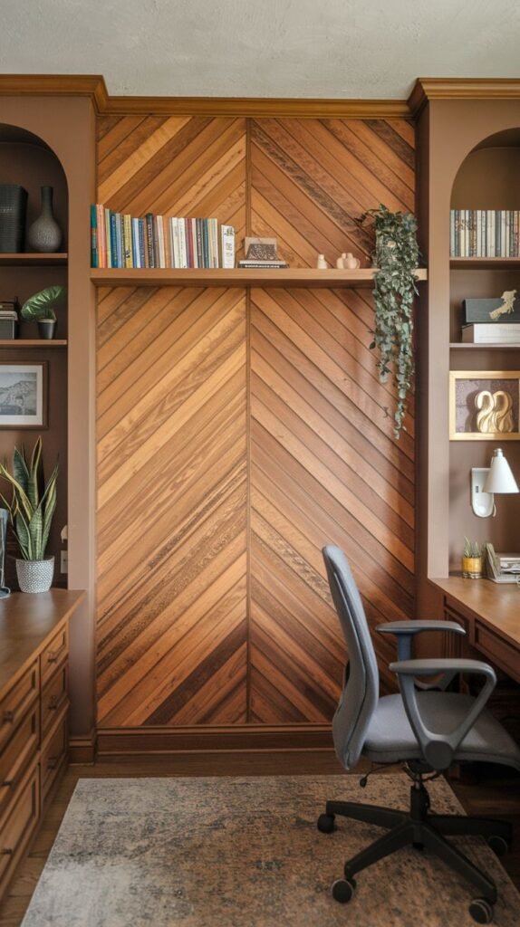 Wood feature wall composed of diagonal planks meeting in the center to form a large chevron pattern, contained within a wider brown wall featuring arched inset niches on either side.