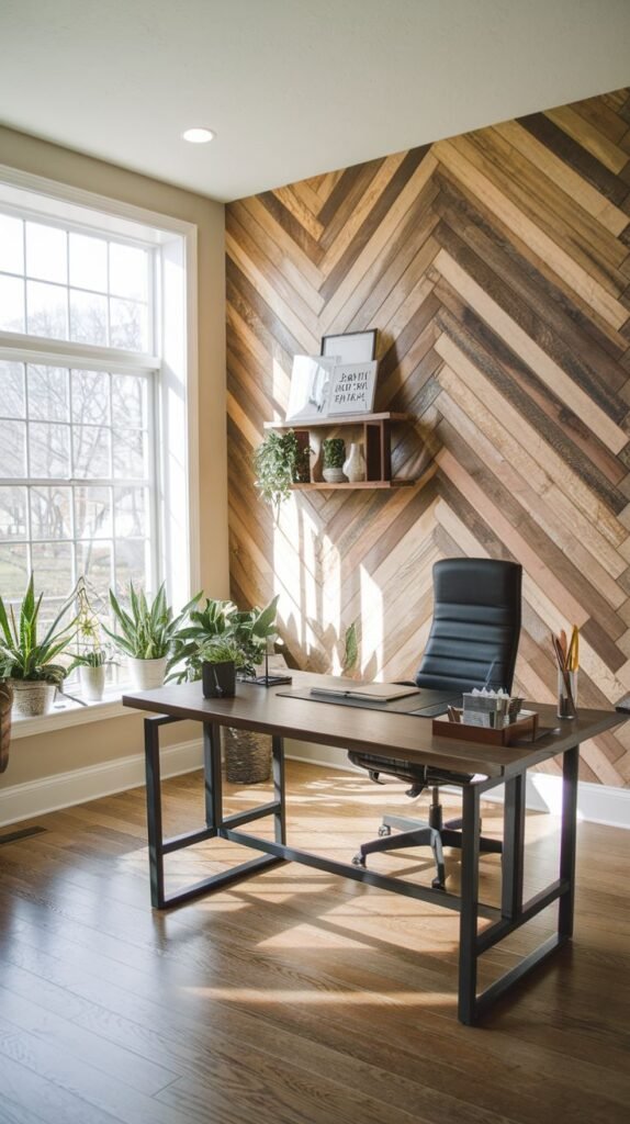Full office wall covered in natural-toned wood planks laid entirely in a chevron or herringbone pattern, serving as a backdrop for a modern dark desk.