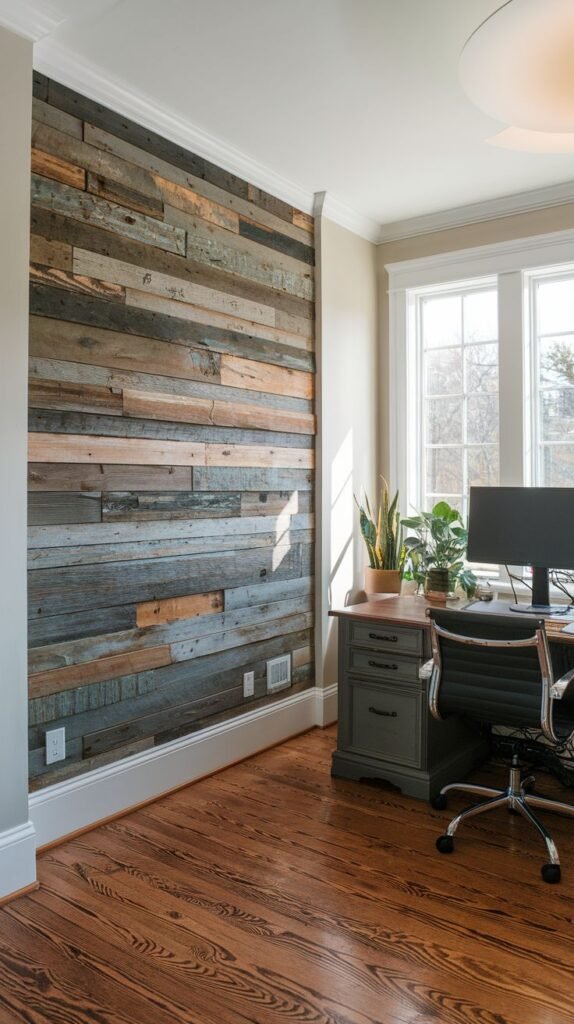 Home office featuring an accent wall covered in horizontal distressed reclaimed wood planks showing colors of natural wood, gray, and blue, next to a large window and a dark desk.