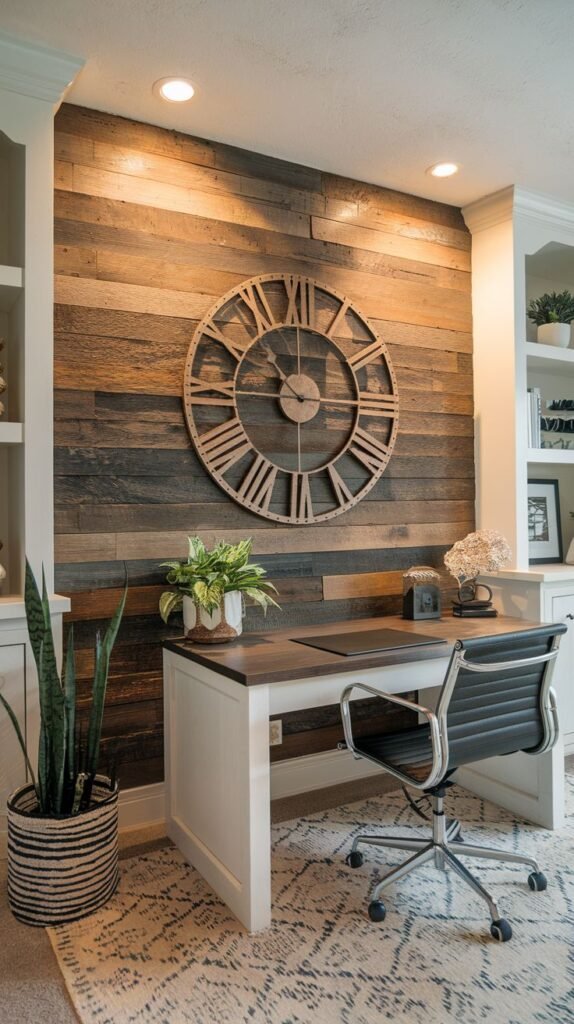 Rustic office wall paneled with horizontal, heavily distressed reclaimed wood planks, centered with a large, decorative open-face wood clock with Roman numerals, flanked by white cabinetry.