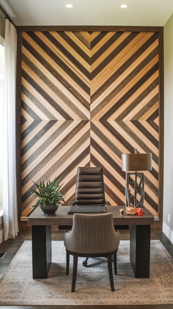 Tall wood accent wall defined by a frame, featuring diagonal wood planks forming a mirrored chevron pattern (creating an X-shape) in varying wood tones, behind a dark executive desk.