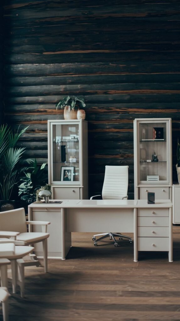 Office interior showing a rustic accent wall composed of horizontal dark-stained wood logs, contrasted by white office furniture and cabinetry.