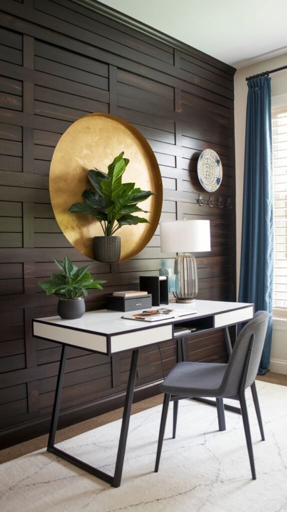 Dark brown wall created from horizontal wood blocks/planks set in a staggered, linear pattern, centered by a large, smooth circular gold disk feature, positioned above a white and dark modern desk.