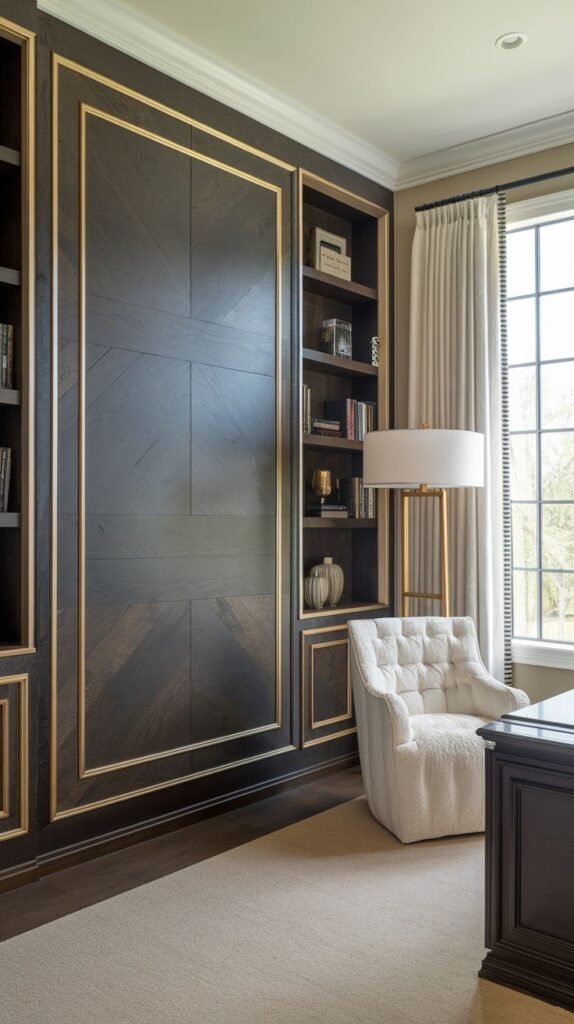 Dark wood paneled wall integrated with open shelving, featuring gold trim outlining the panels, where the large central panel exhibits a subtle chevron wood grain pattern.