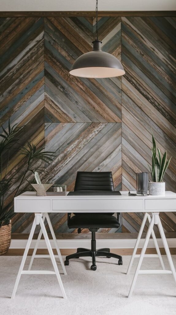 Home office wall clad in distressed reclaimed wood planks arranged in a chevron pattern, featuring multiple shades of wood, blue, and gray.