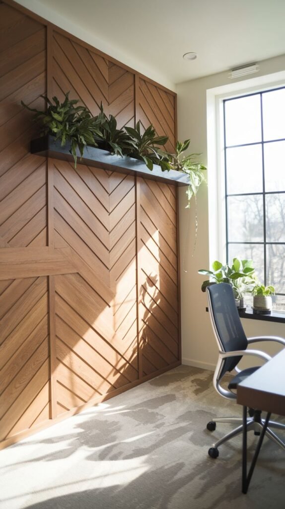 Natural wood chevron paneled accent wall, topped by a long, narrow black horizontal planter box filled with greenery.