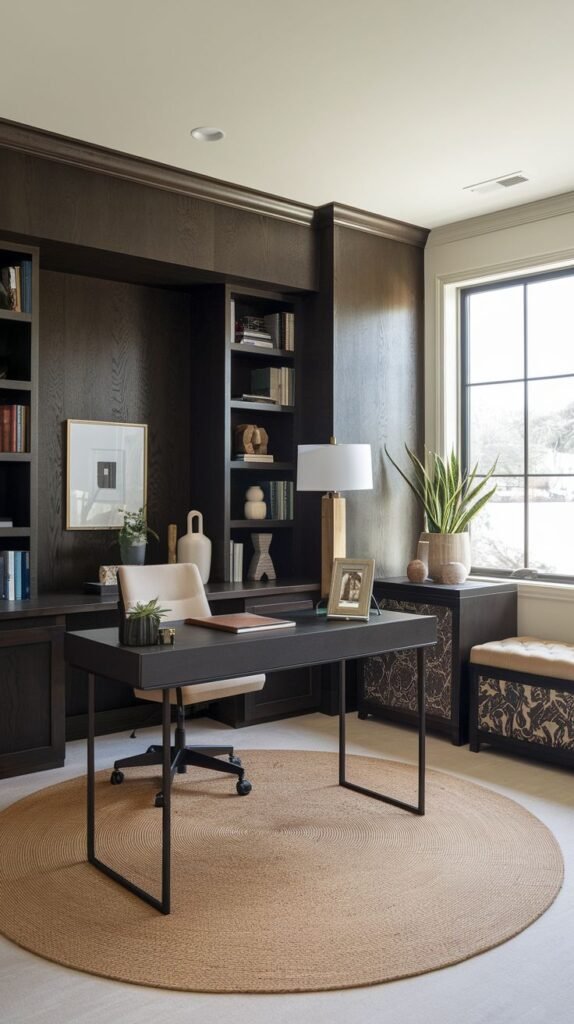 Luxurious office dominated by a wall of floor-to-ceiling dark wood built-in cabinetry and shelving surrounding a central desk area.