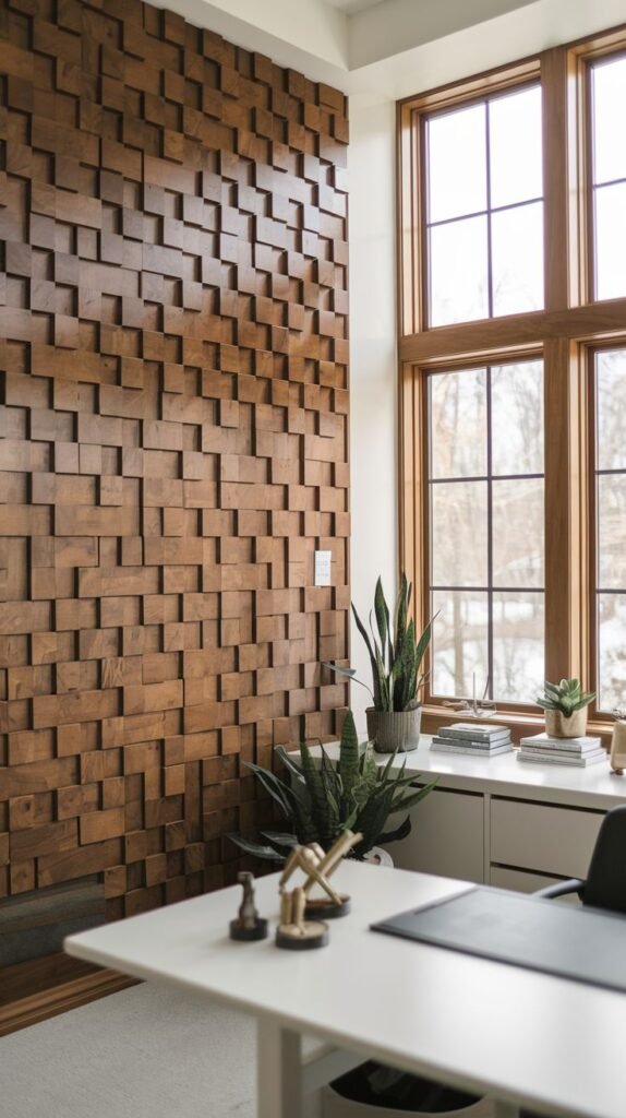 Modern wall surface covered entirely in small wooden cubes or blocks, staggered at varying depths to create a rich 3D texture and shadow effect.