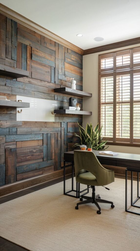 Dark office wall covered in multi-sized rectangular wood blocks arranged geometrically, featuring three floating shelves and a white glass whiteboard.
