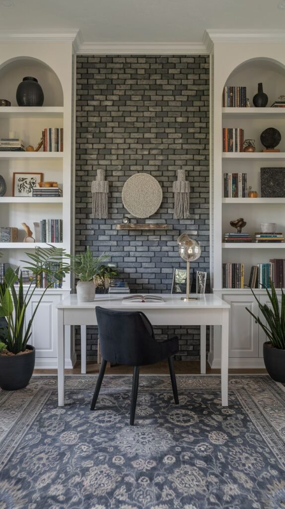 Symmetrical office design featuring white built-in bookshelves with arched tops flanking a central accent panel of narrow, dark gray brick.