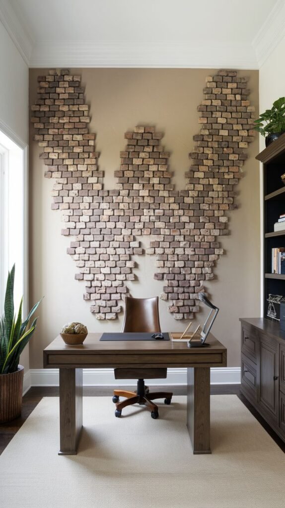 Light beige office wall featuring a large, artistic installation of individual, protruding rustic bricks arranged in the shape of a large letter 'W'.