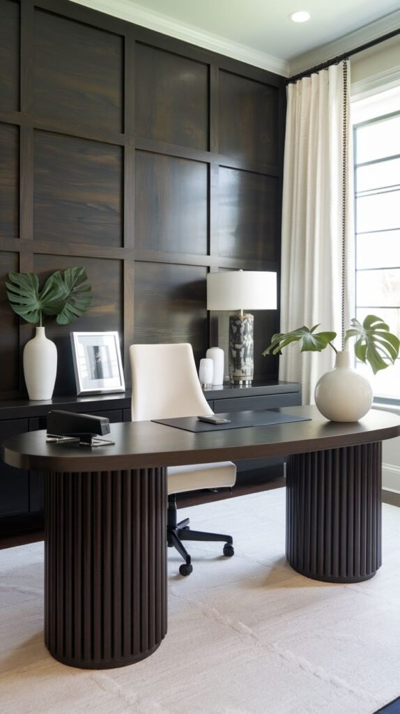Dark brown, sophisticated office wall featuring large rectangular panels divided by wood molding, creating a deep square grid pattern.