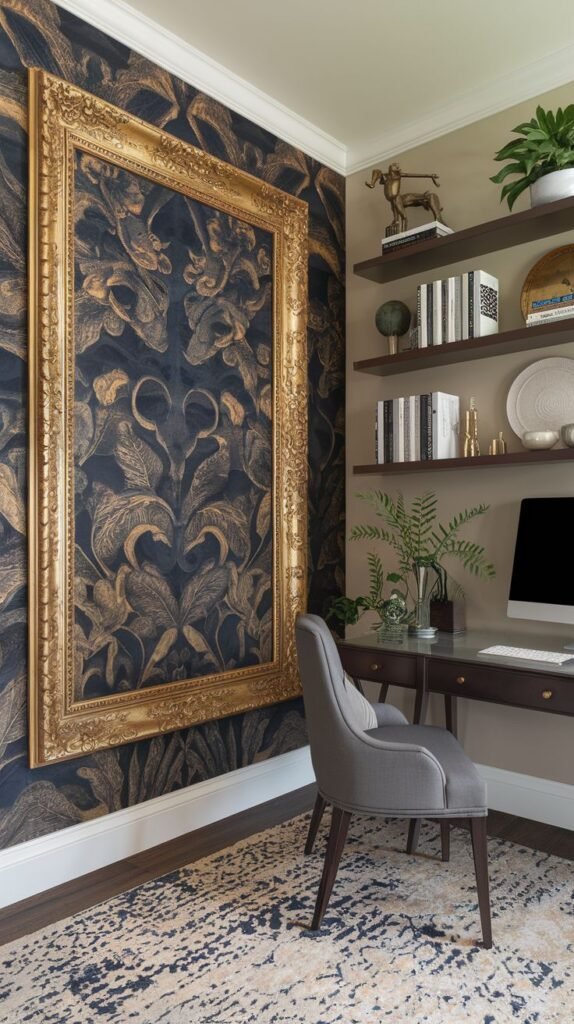 Dark office corner with a wall covered in navy and gold botanical/leaf pattern wallpaper, dramatically emphasized by a huge, empty ornate gold picture frame hung on top.