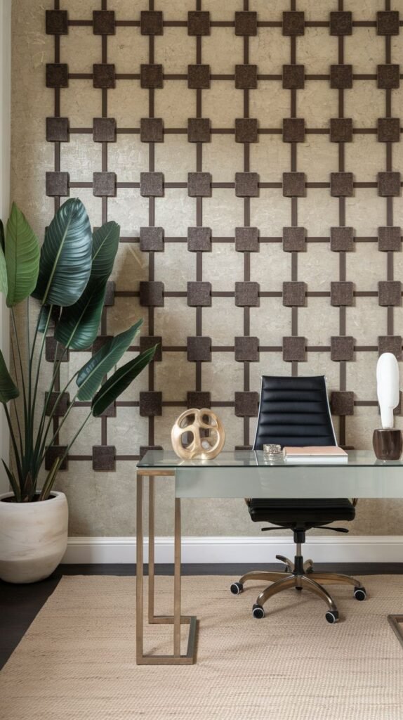 Wall with a light-colored, slightly textured background overlaid with a repeating geometric grid pattern of interconnected brown/dark squares.