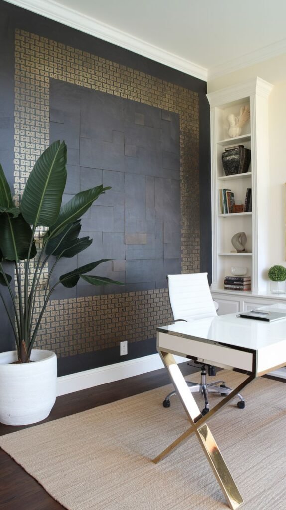 Dark accent wall featuring a large, central paneled section surrounded by a wide border of repeating small metallic gold geometric pattern wallpaper, next to white built-in shelving.